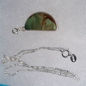 VTG Sterling Silver 925 Modernist Landscape Picture Jasper Pendant Neckl…